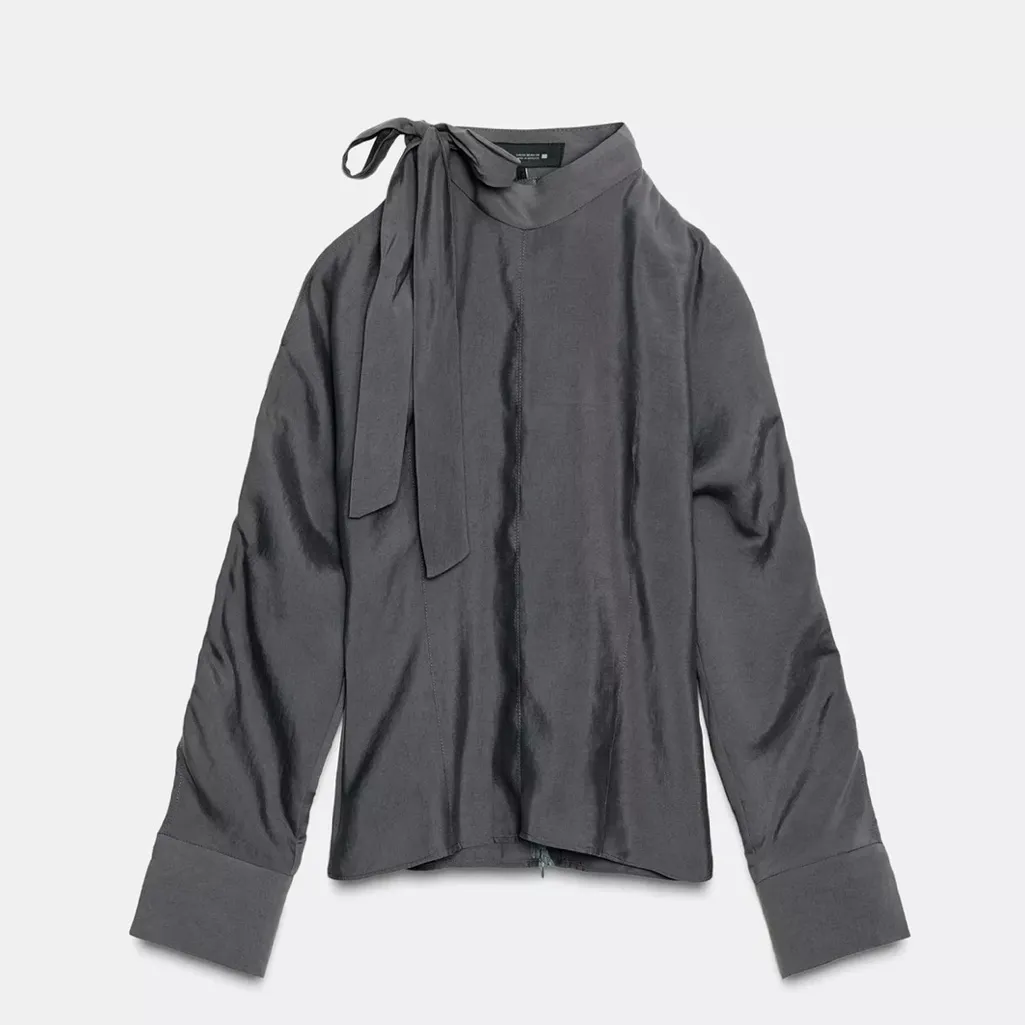 Zara NWT gray cinched waist asymmetrical bow tie cold shouldering sleeve blouse - Image 7