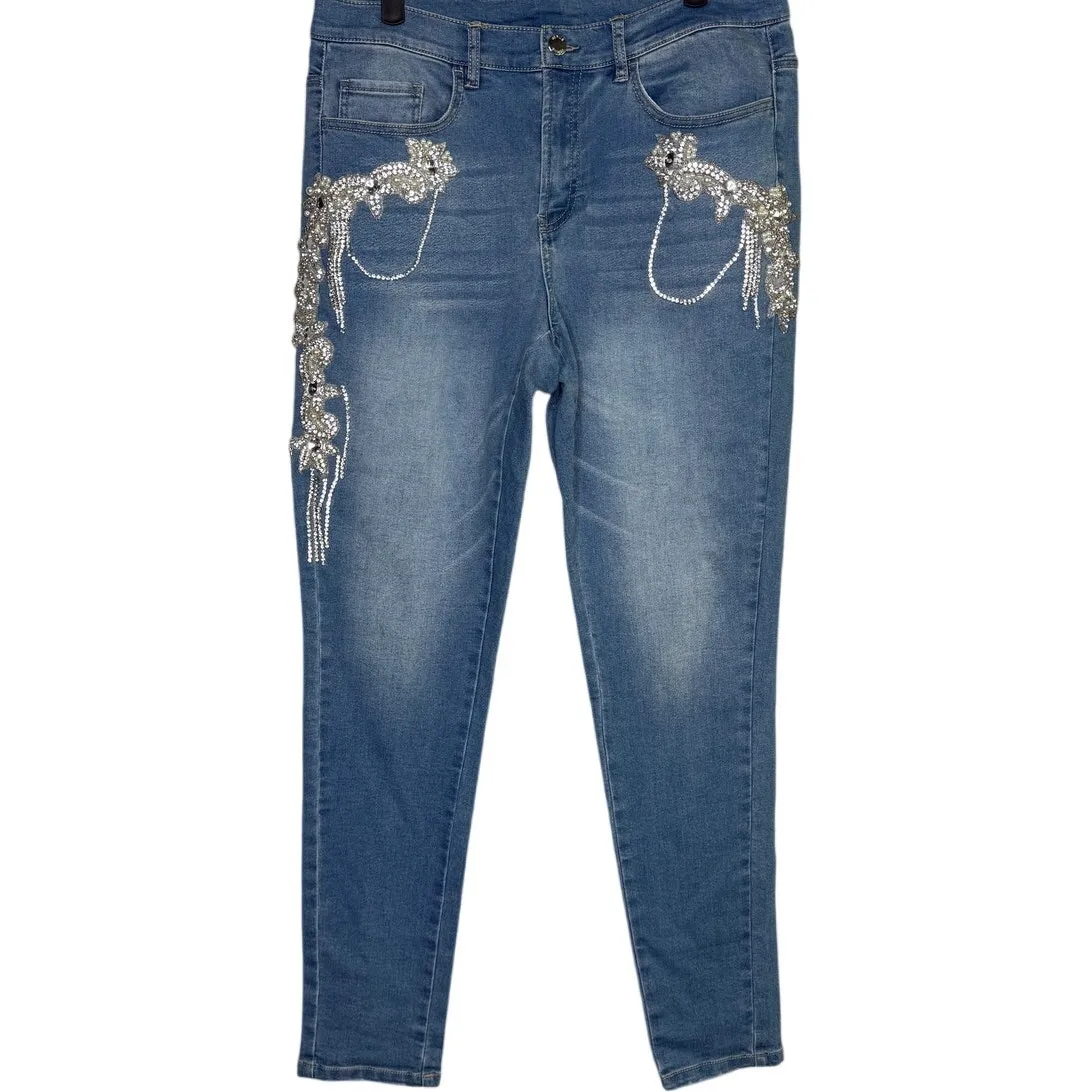 Venus Vintage Floral Rhinestone Pearl Embellished Slim Leg Mid Rise Jean 12 Blue - Image 11