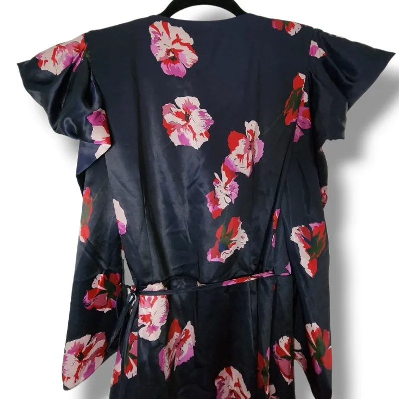 Joie Miltona Navy Floral Satin Wrap Midi Dress – Small - Image 8