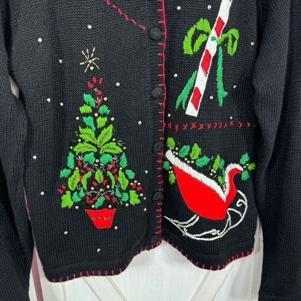 Vintage Ship N Shore‎ Sport Christmas Cardigan Embellished Ugly Sweater Black Size L - Image 5