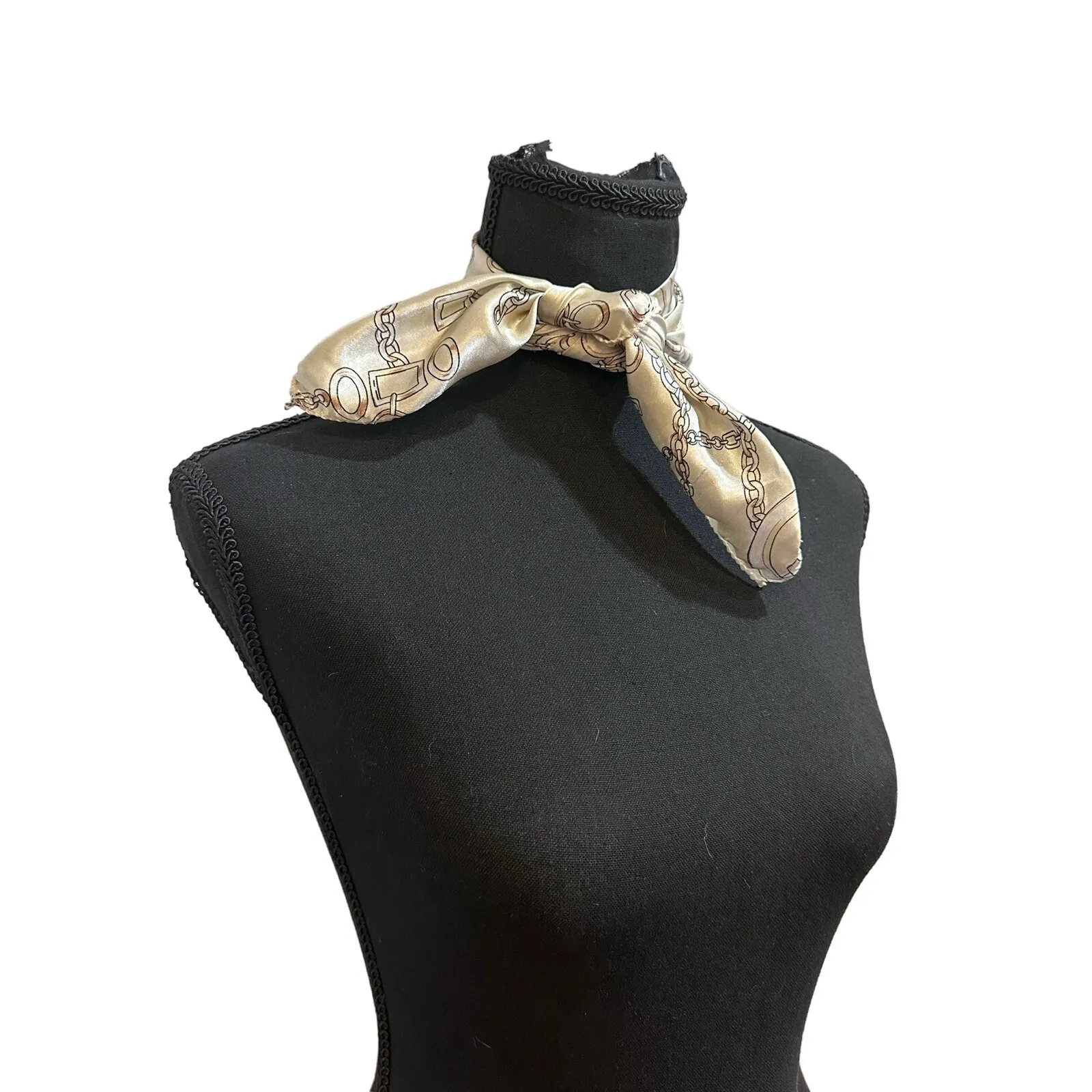 Vintage Satin Neckerchief or handbag Scarf, Paris Chains Gold & Cream Summer - Image 10