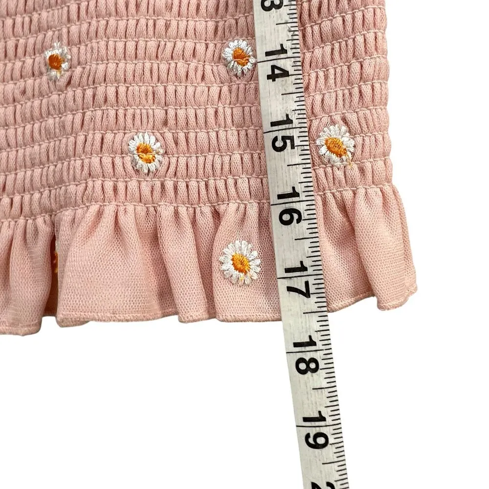 Altar'd State Crop Top Womens M Pink Embroidered Daisy Smocked Ruffle Coquette - Image 7
