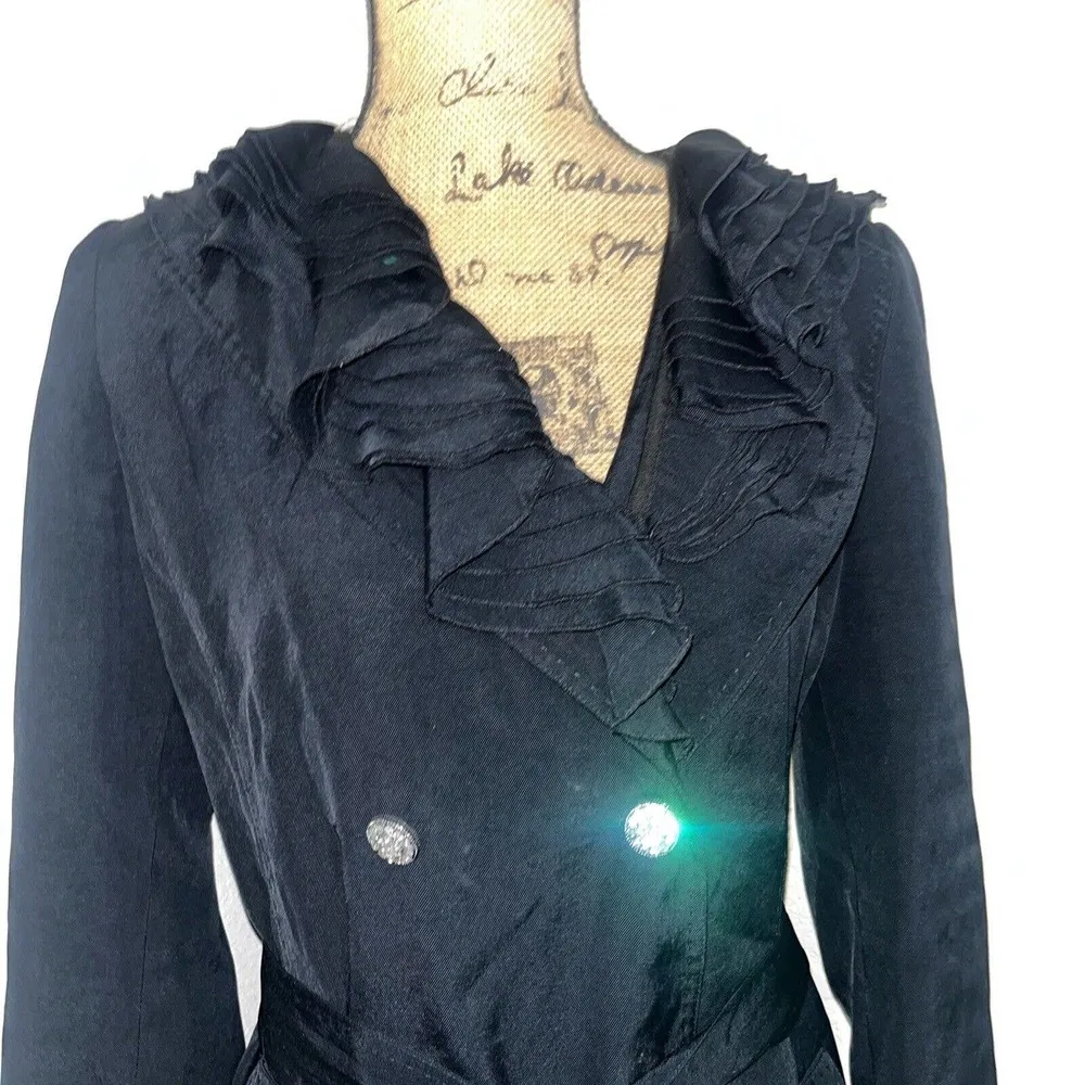 Sz M Medium Elie Tahari Black Trench coat With Rhinestone Button Detail - Image 14