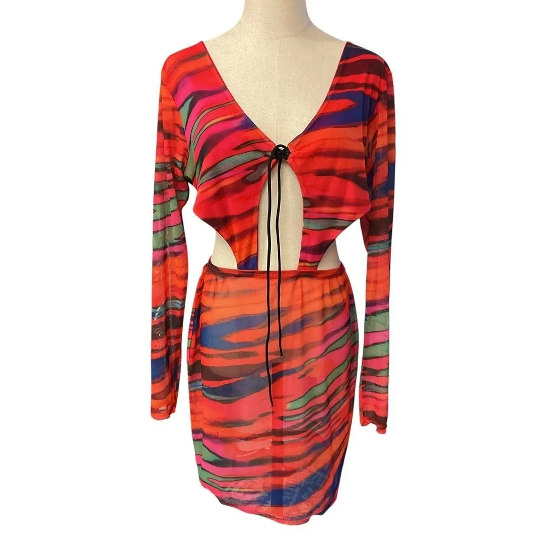 PrettyLittleThing Women's Multicolor Lined Long Sleeve Cut Out Mini Dress‎ Sz 14 - Image 2