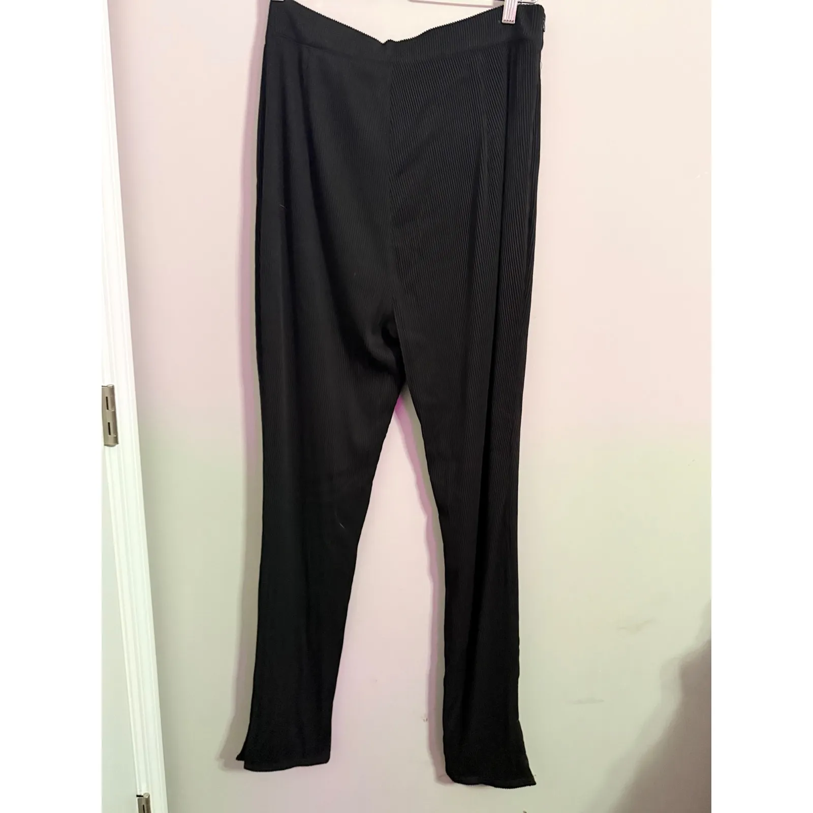 PRETTYLITTLETHING Black Ribbed Wide Leg Palazzo Pants Elastic Waist Split Hem - Image 6