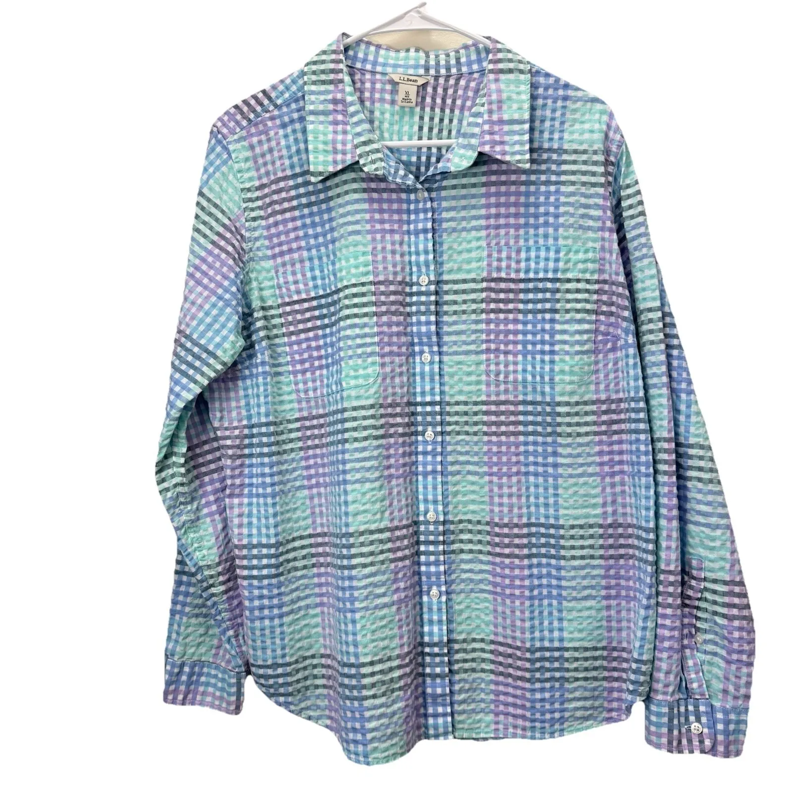 LL Bean Vacationland Seersucker Colorful Plaid Button Up Shirt Size XL - Image 4