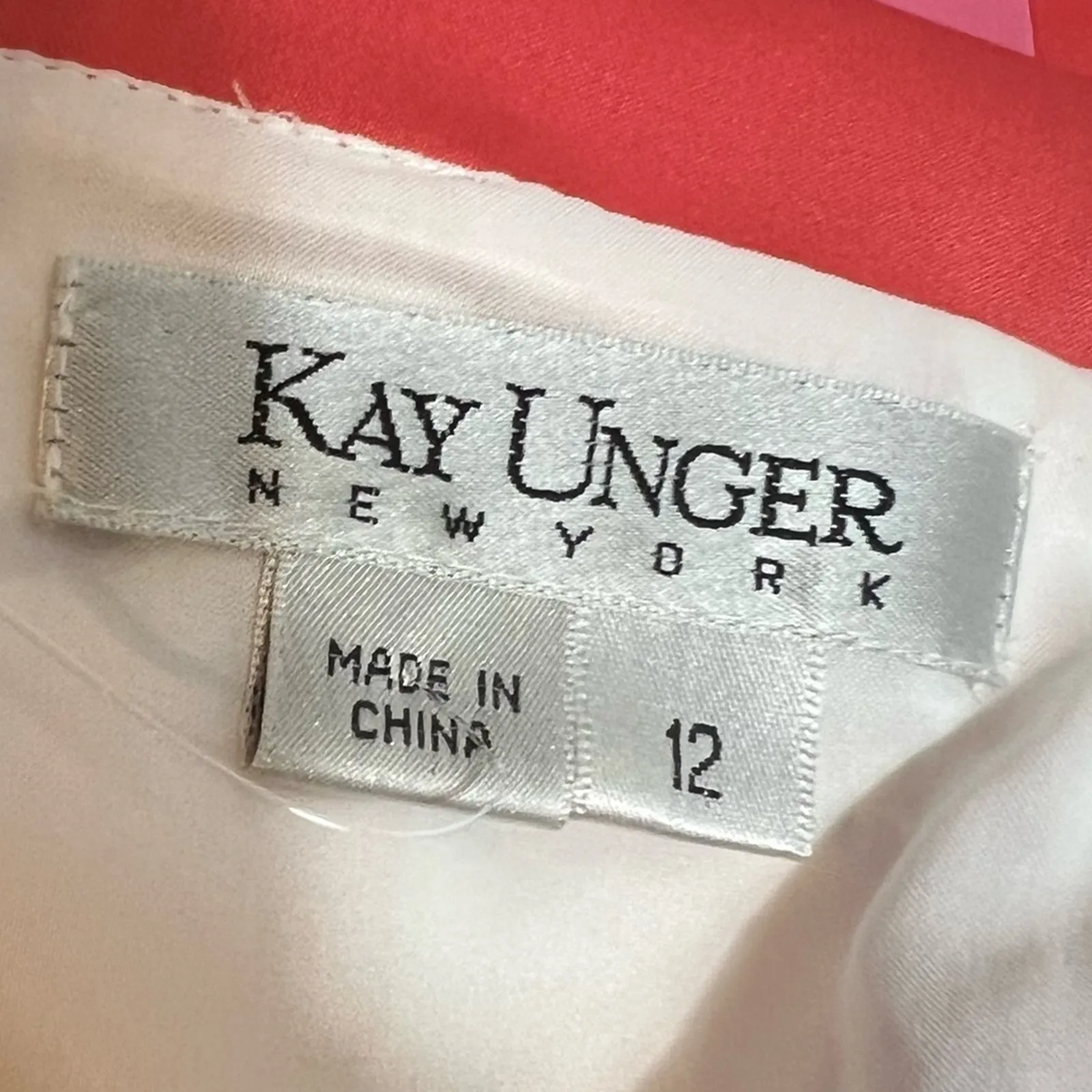 KAY UNGER Floral Satin Shawl Collar Dress Pink Coral Lined Sz 12 - Image 3