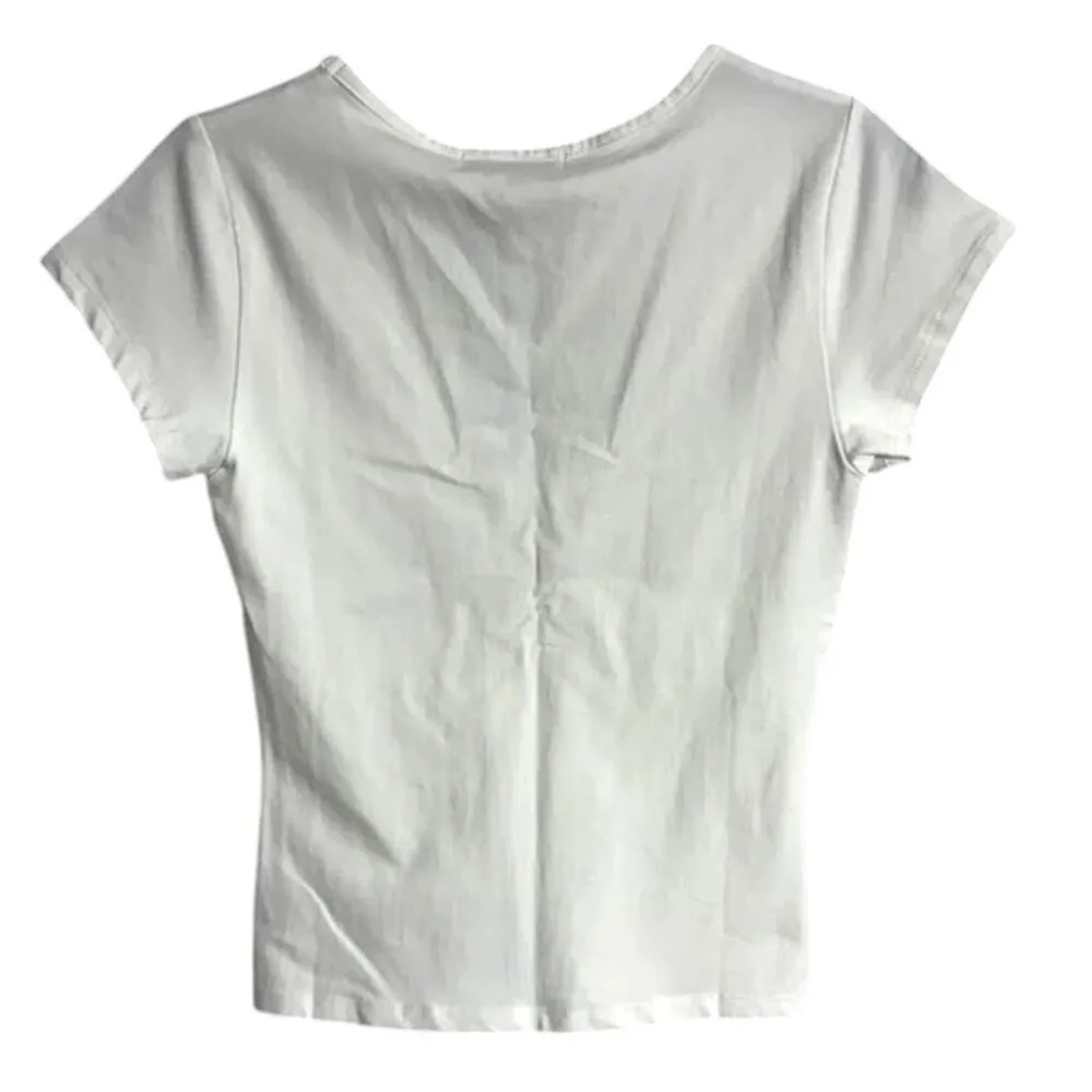 NWT WeWoreWhat Ruched Fitted V Neck Tee Shirt Cap Sleeves M Classic White #3548 - Image 4