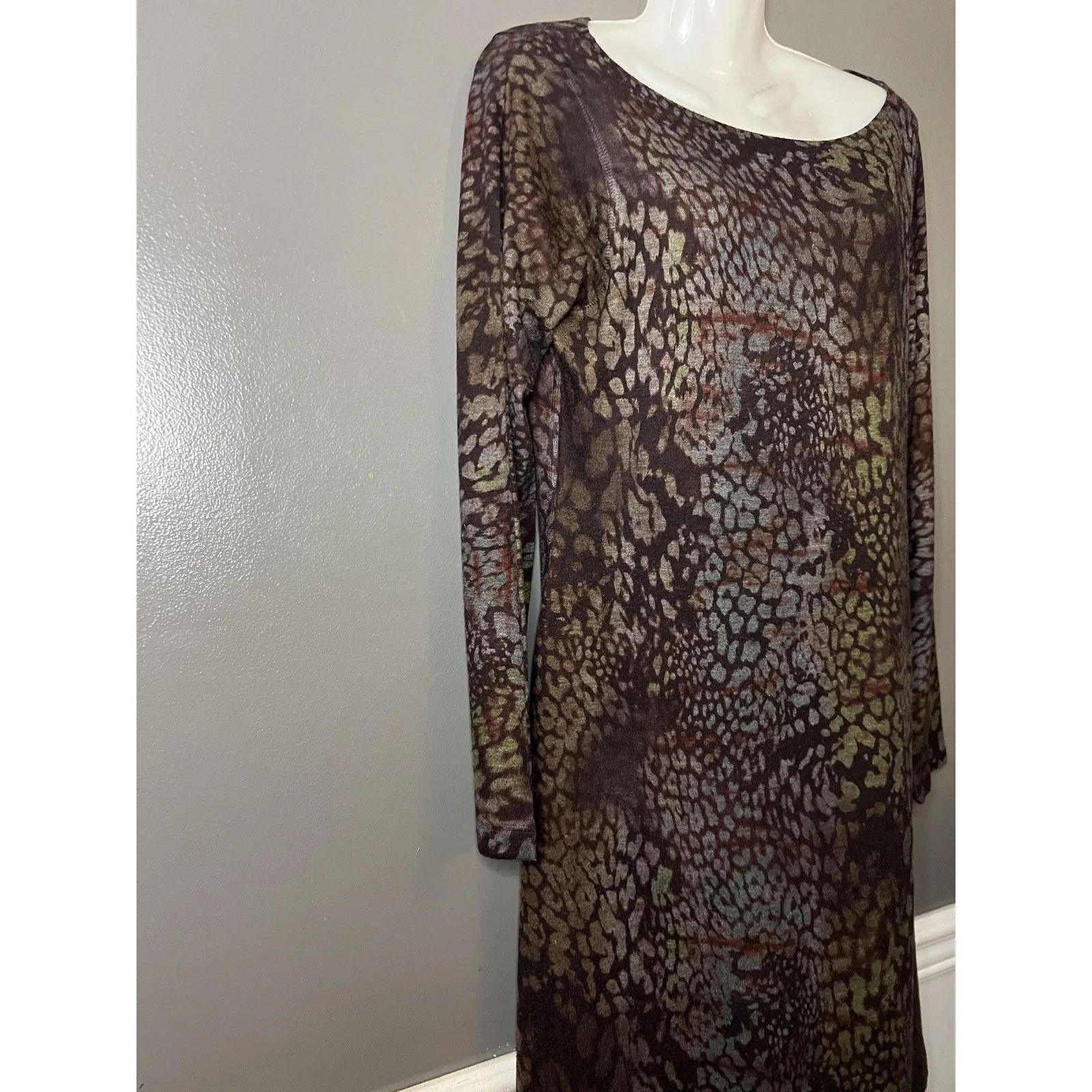 Nally & Millie Dress Womens Large Brown Multicolor Abstract Knit Tunic Boho - Image 3