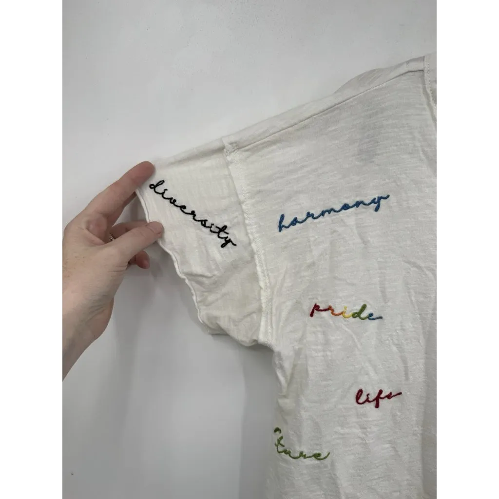 Anthropologie Pilcro Pride Inclusivity Embroidered Rainbow Script Tee Shirt Sz S - Image 7