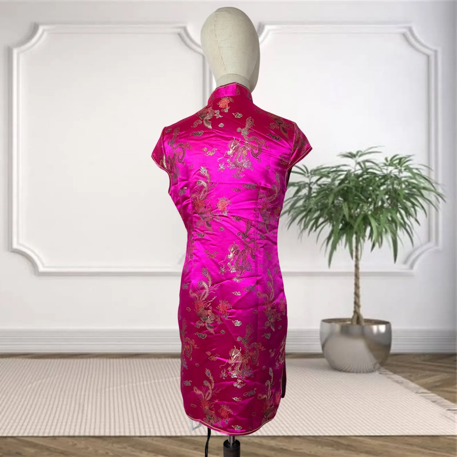 💖 Hot Pink Silk Brocade Qipao Dress with Gold Dragon & Phoenix Embroidery Purple Size M - Image 3