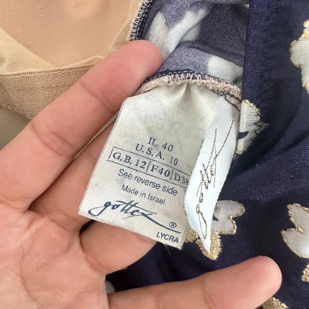 Gottex Swimsuit Medium Navy Floral Metallic Coastal One Piece Modest VTG 70s - Image 11