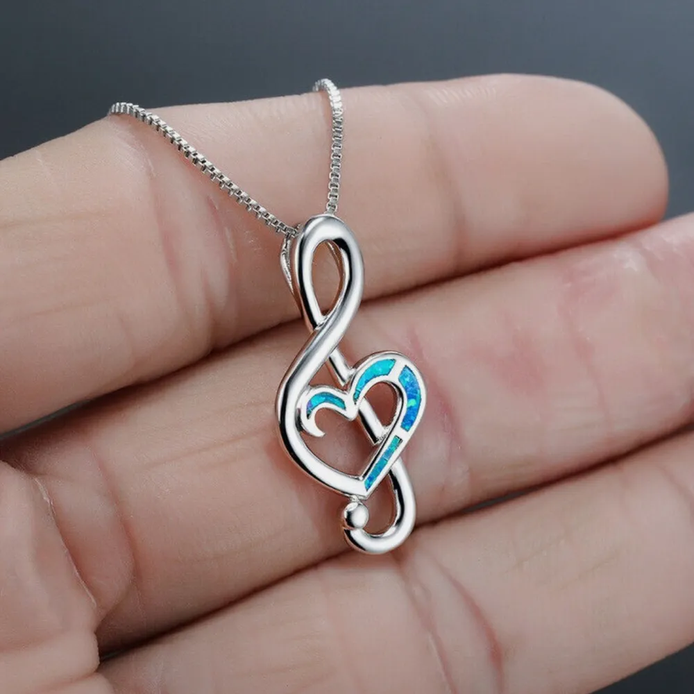 Music Synthetic Blue Opal Inlay Heart Treble Clef Note Necklace Sterling Silver - Image 2