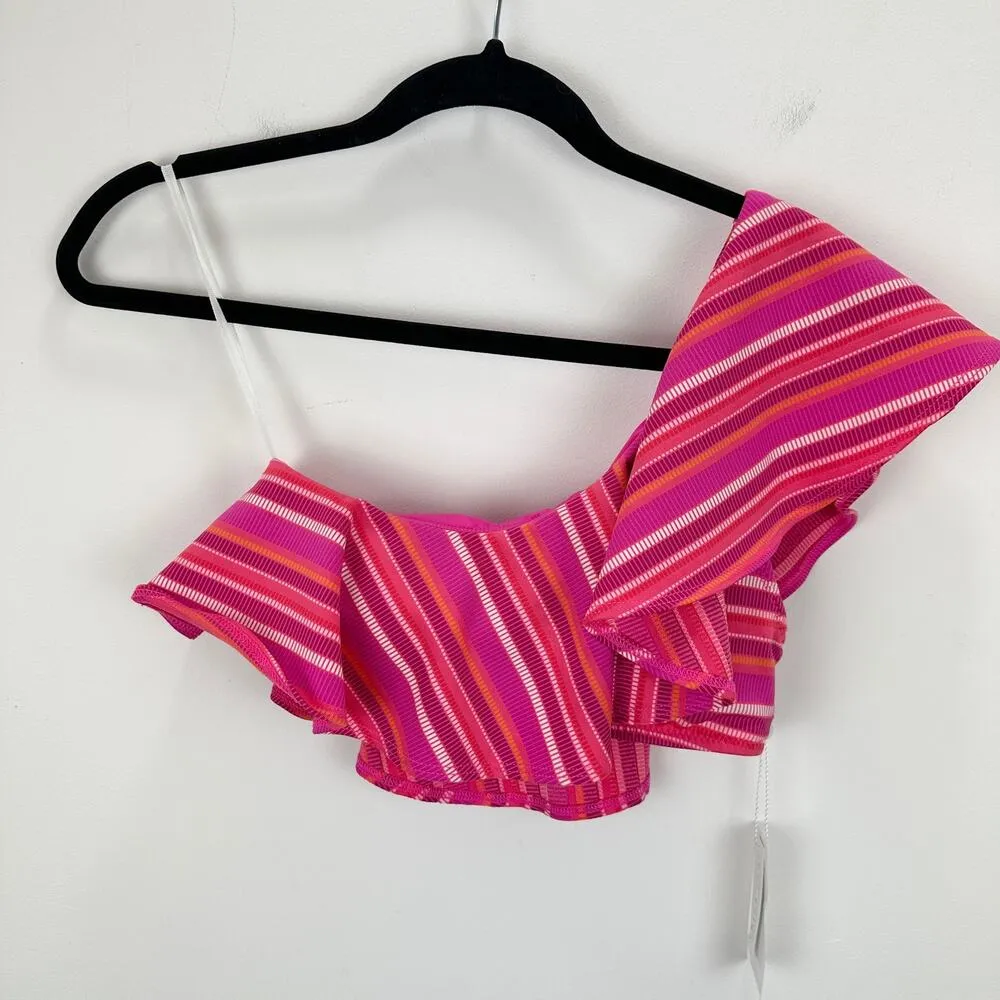 Trina Turk Marai Swim Top One Shoulder Ruffle Pink Striped Padded Beach US 4 NWT - Image 4
