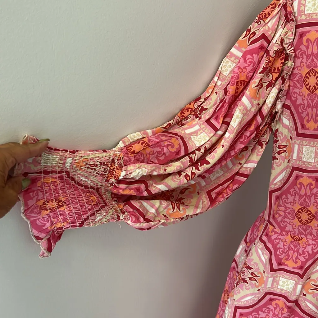 Lea Pink Printed Ruffle Trim Wrap Maxi Dress Size M - Image 6