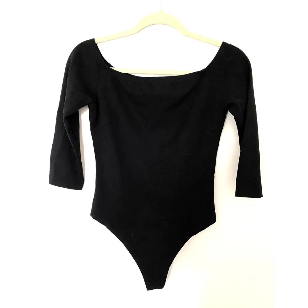 Lulus Like a Bird Black Off the Shoulder Bodysuit Stretchy 3/4 Sleeve Chic Sz L - Image 2
