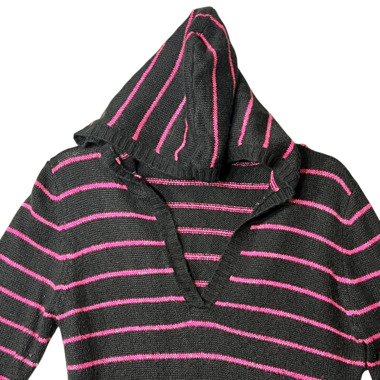 Hooded Sweater Womens Large Black Pink Striped Knit V Neck Kangaroo Pocket Soft - Image 7