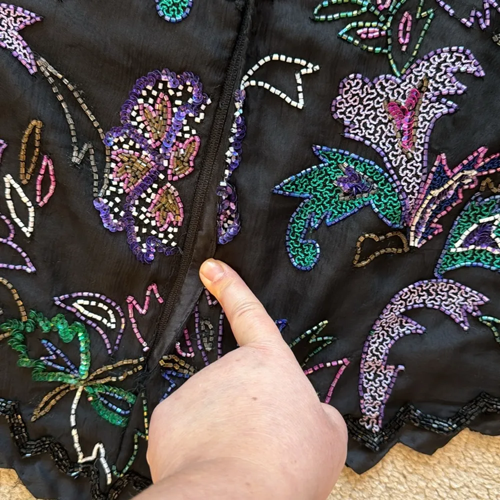 Vintage Laurence Kazar Silk Beaded Floral Blouse Black Multicolor Large - Image 7