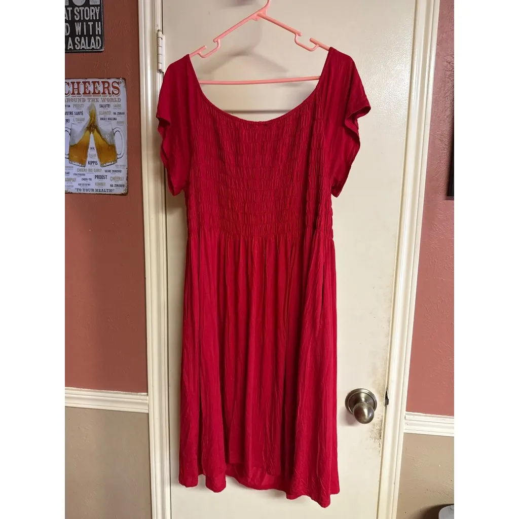 Lane Bryant Red Smocked Midi Dress 14/16 Short Sleeves Rayon/Spandex Lightweight - Image 6