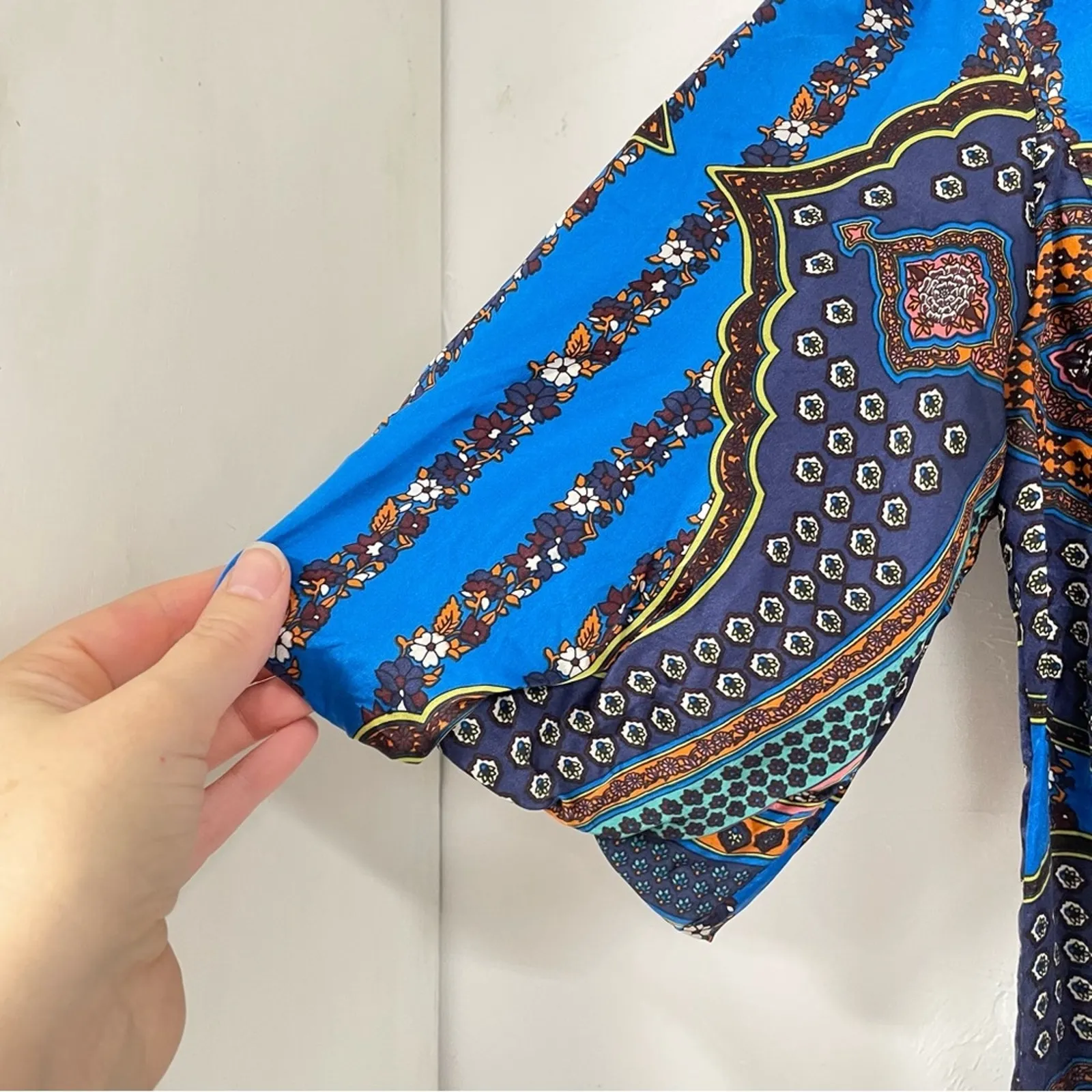 Vanitas Of California Blue Silk Boho Square Neck Blouse Womens XS Shirt Festival - Image 3