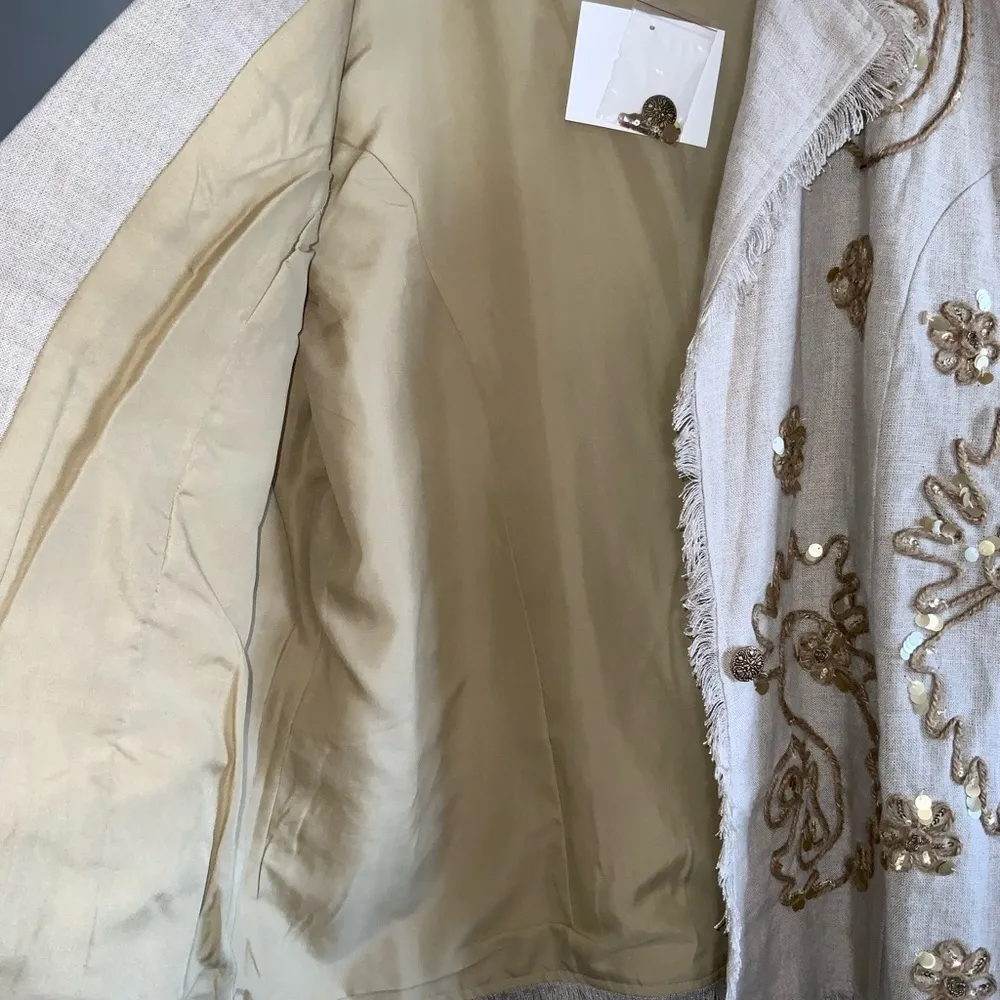 Silhouettes Tan Linen One Button Blazer~ Fringe~Embroidered~Sequins Size 22 NWT - Image 7