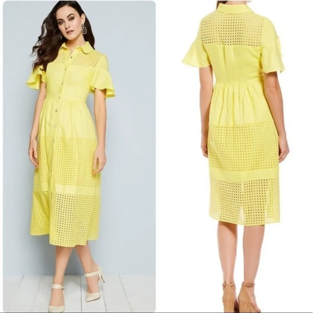 Belle‎ Badgley Mischka Dailey Eyelet Linen Shirt Dress in Yellow Size 0 - Image 2