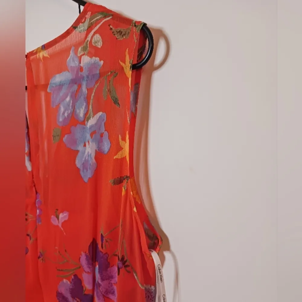 Floral Print Sheer Sleeveless Surplice Neckline Wrap Midi Dress - Image 9