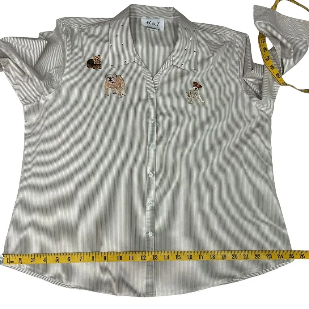 H&J Women's Embroidered Dog Striped Button Down Shirt Long Sleeve Sz‎ XL Pug Pup - Image 6