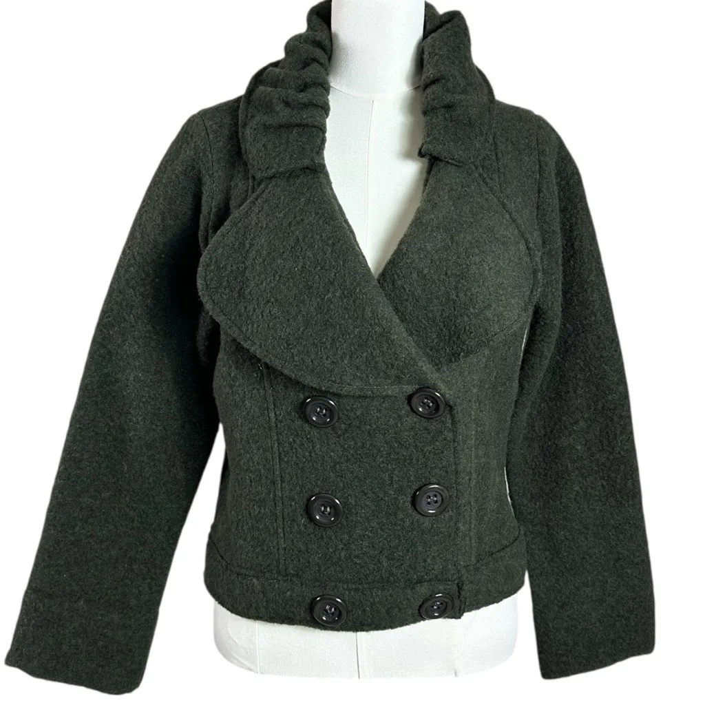 Marisol Boiled Wool Ruffle Collar Double Breasted Jacket Dark Army Green Large - Image 3