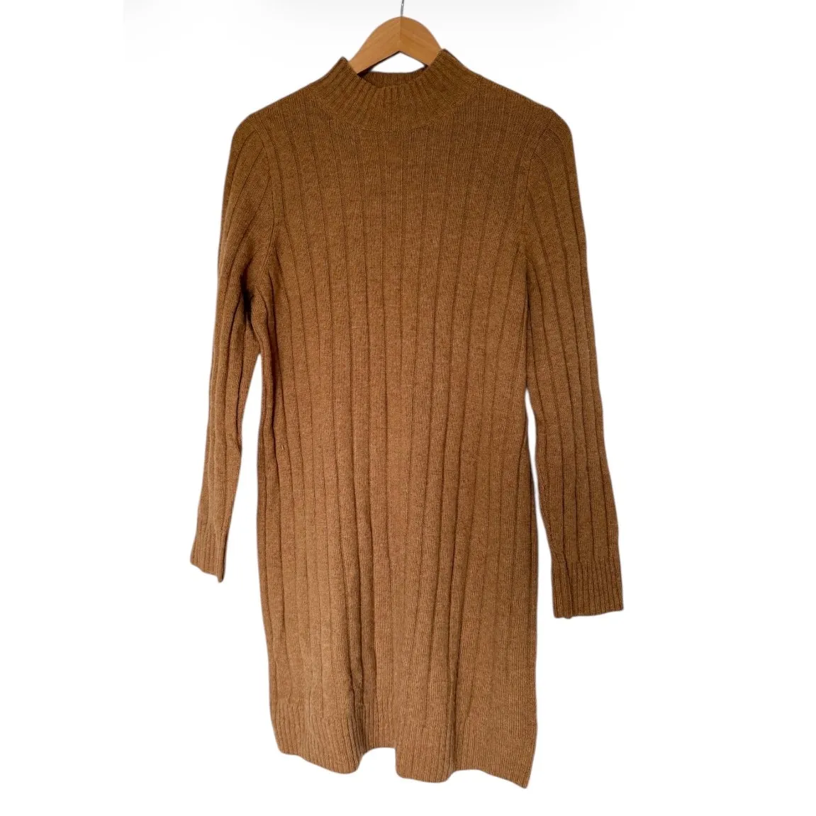 Madewell Sweater Dress Mini Size Large Mock Neck Ribbed Caramel Wool Blend NEW - Image 5