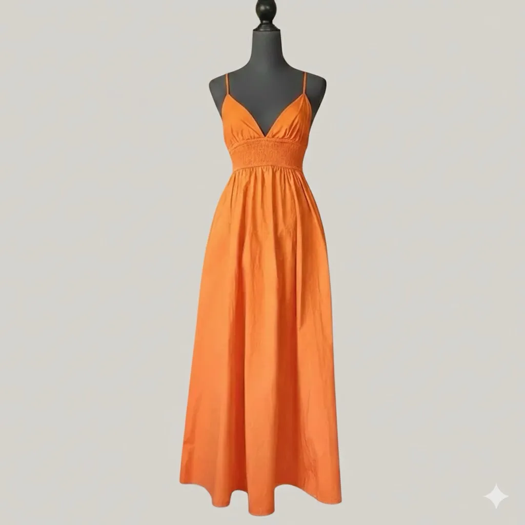Zara Orange Smocked Maxi Dress Small V-Neck Sleeveless Flowy Summer Boho - Image 3