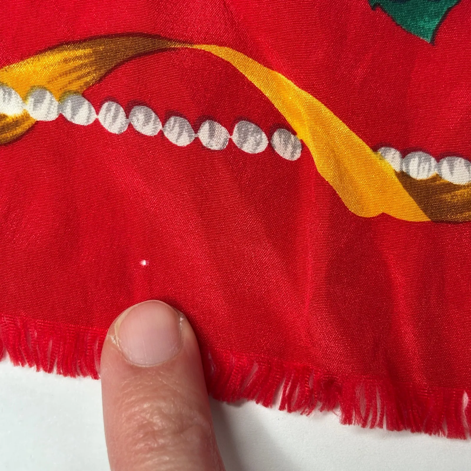 VTG BILL BLASS Silk Scarf Red Floral Cherry Pearl Gemstone Design Bright 80s - Image 2