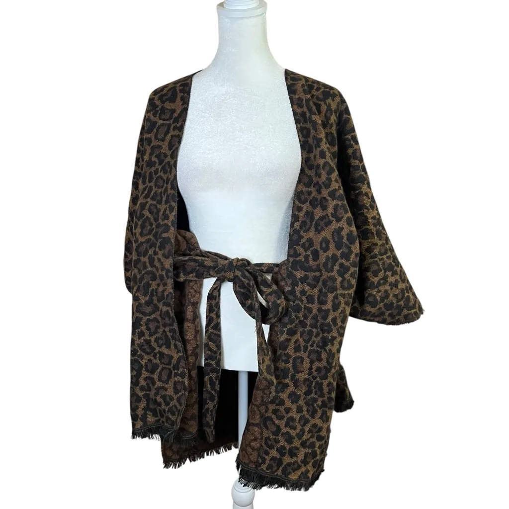 Francesca’s Leopard Print Ruana Wrap Boho Fringe Open Front Shawl Kimono One Sz Brown Size undefined - Image 8
