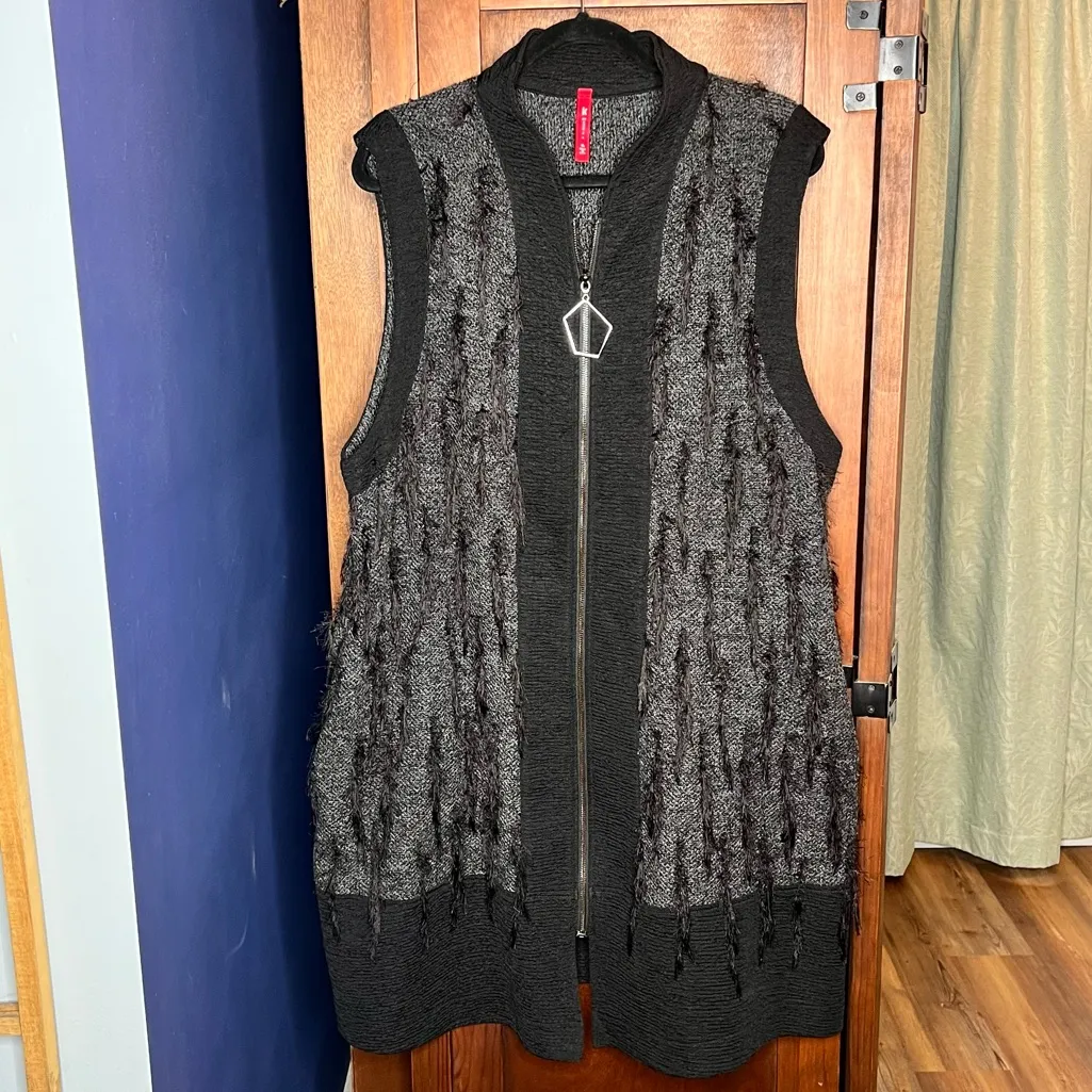 IC by Connie K Sleeveless Zip Knit Vest Dress Size XL Long Textured Edgy Trendy Black - Image 2