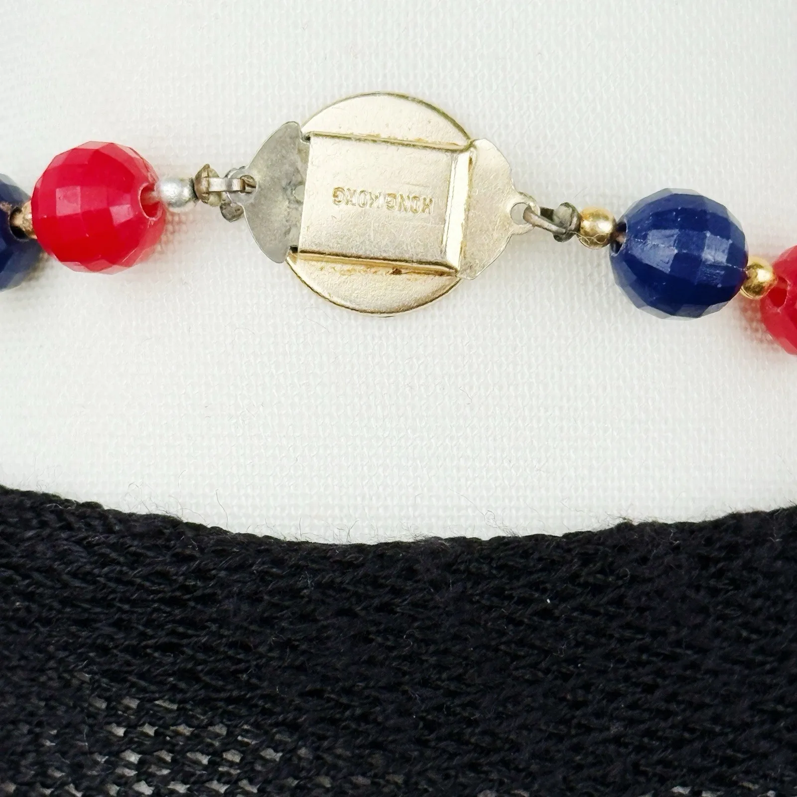 Vintage Red White Blue Beaded Necklace Gold Filigree Caps Patriotic Hong Kong - Image 4
