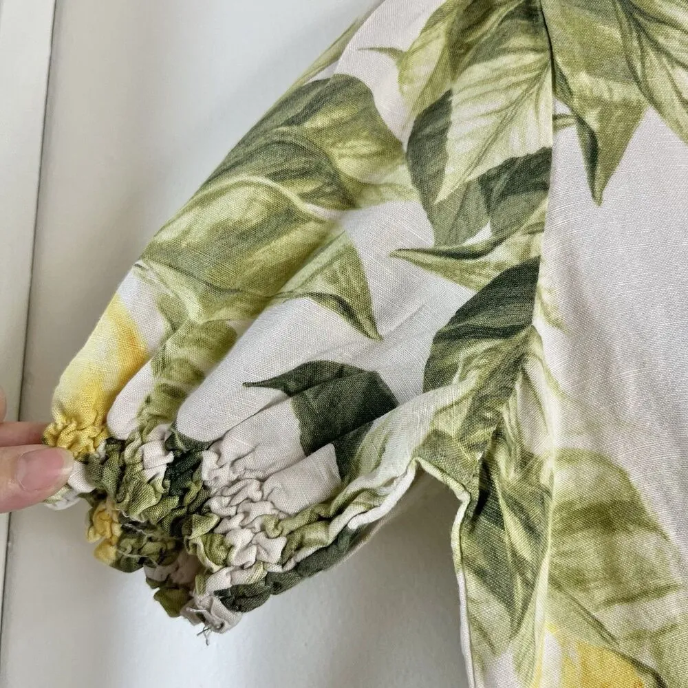 H&M PUFF-SLEEVED DRESS LEMONS TROPICAL FLORAL MINI SUMMER SMOCKED LINEN Sz S - Image 6