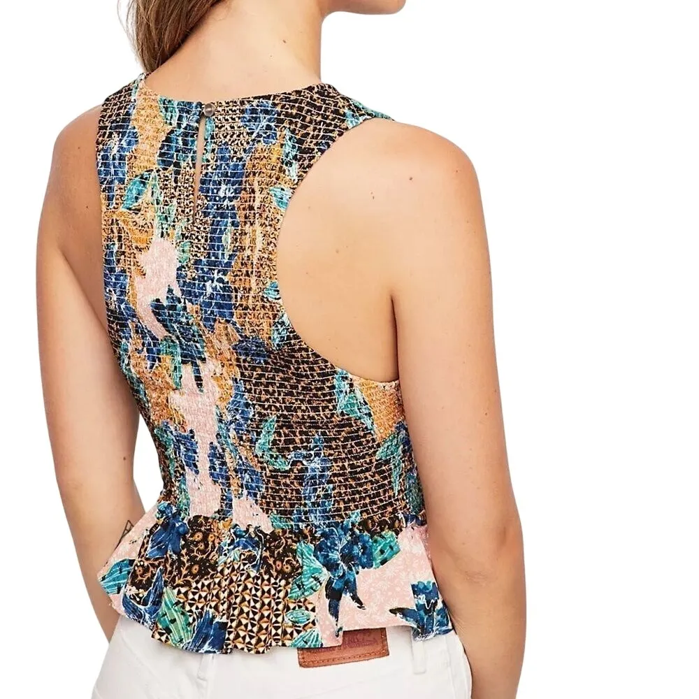 Free People Printed Smocked Floral Tank Top XS Garden Flower Fairy Peplum - Image 2
