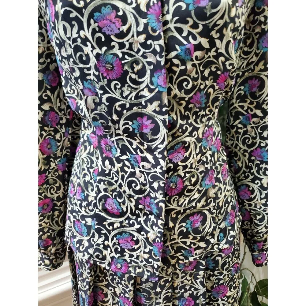 Vintage Fox Croft Floral Polyester Long Sleeve Blazer & Skirt 2 Pc's Suit Size 4 - Image 4