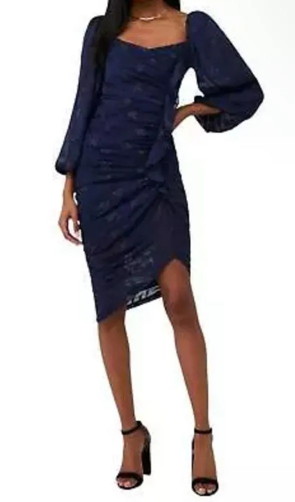 New! ASTR The Label Athens Ruched Ruffle Front
Puff Sleeve Midi Dress Navy Small - Image 5