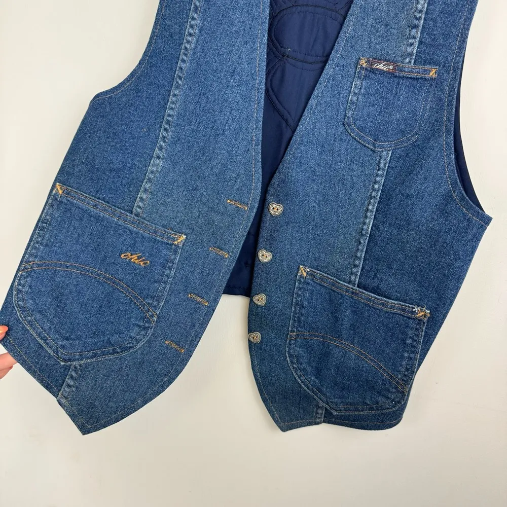 Vtg Chic Denim Western Vest Dark Wash Heart Buttons Sz Medium Blue - Image 5