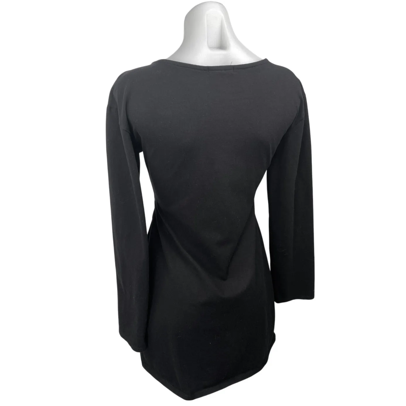 H:ours Black Long Sleeve Tie V Neck Ruched Cutout Waist Mini Bodycon Dress Sz M - Image 2