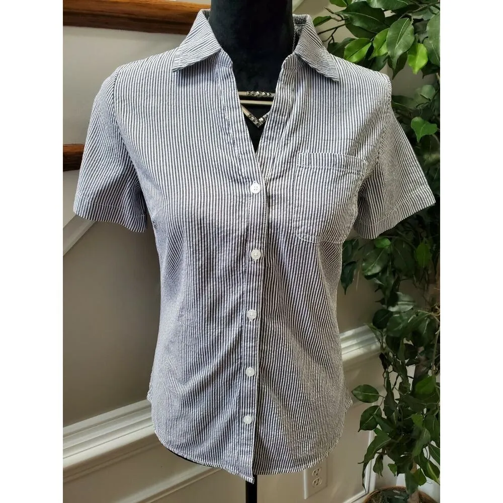 Karen Scott Women Blue / White Cotton Collared Short Sleeve Button Down Shirt PS - Image 2
