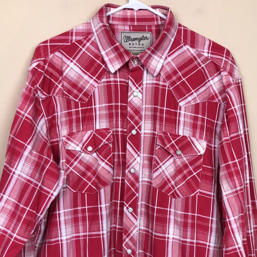 Retro Women’s Plaid Red White Pearl Snap Button-Up Long Sleeve Shirt - Image 2