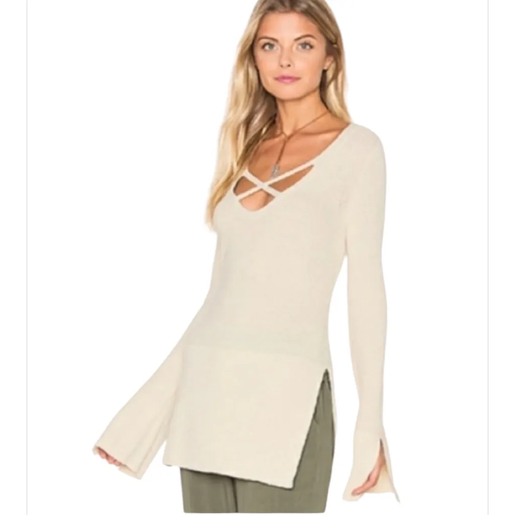 Free People‎ Criss Cross Tunic Sweater V-Neck Long Sleeve Cream Women’s Size L - Image 2