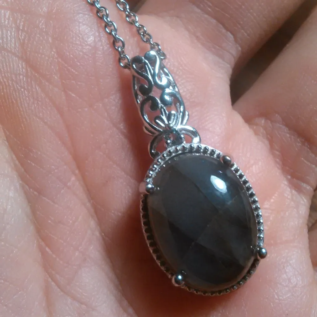 Malagasy Labradorite and Blue Topaz Platinum Bond Pendant Stainless Steel Chain - Image 9