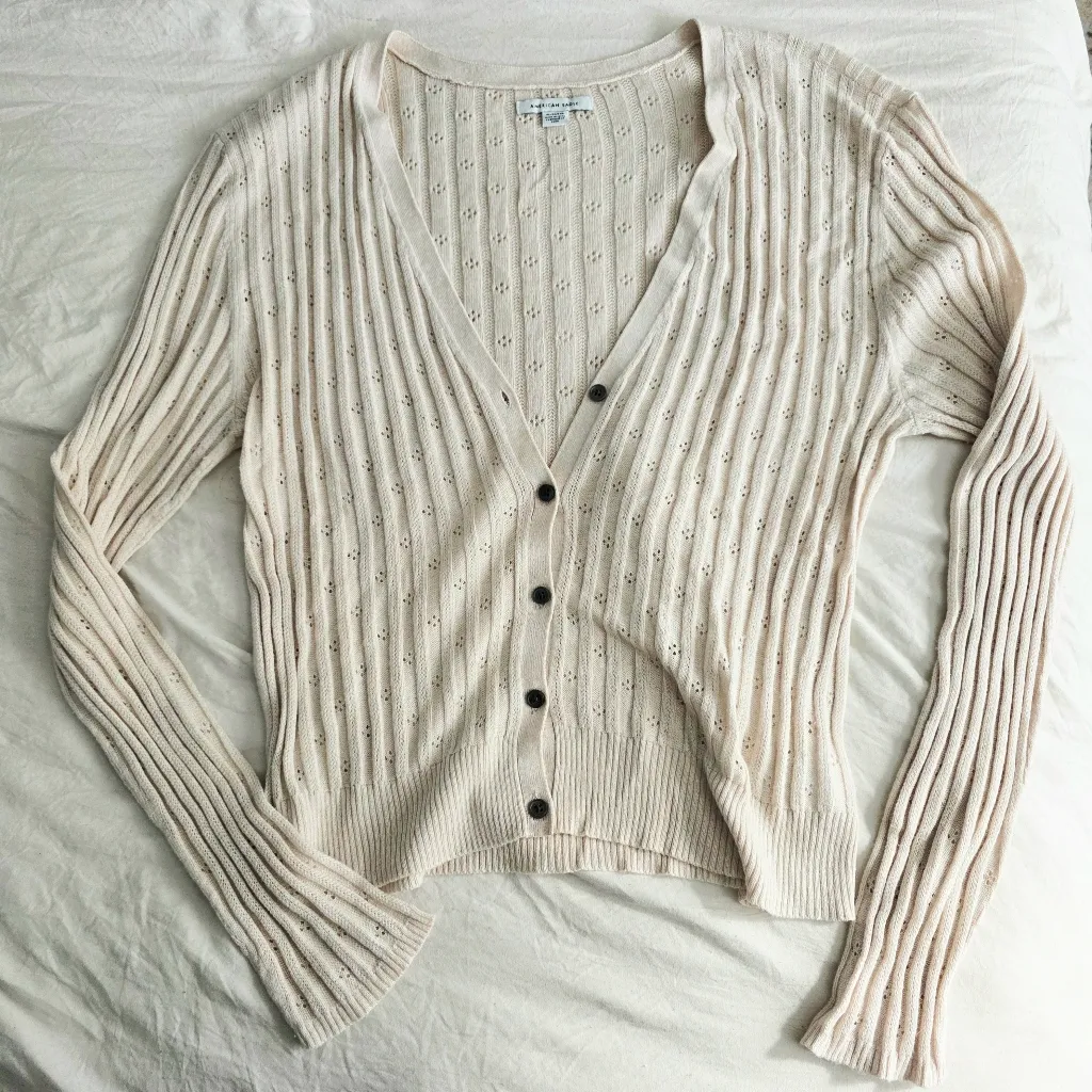 AE Ribbed Eyelet Cream Button Down Cardigan XL - Image 2