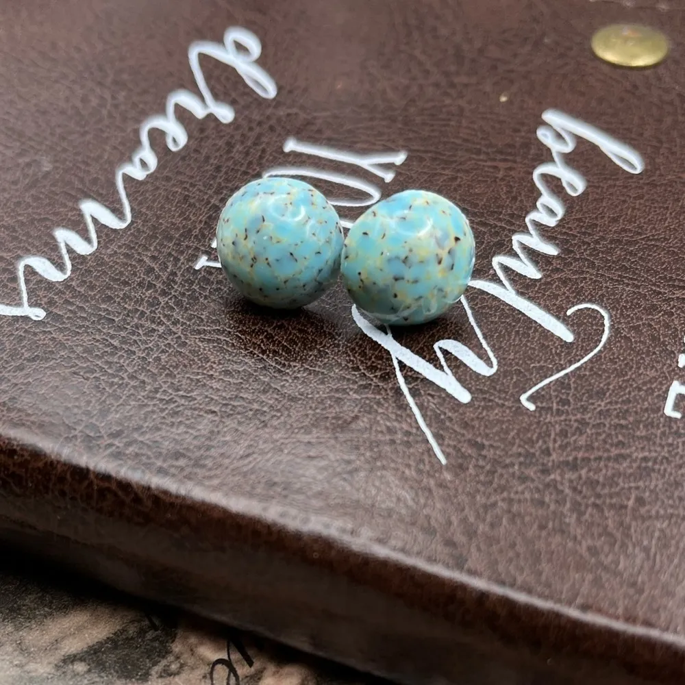 Vintage Cyan Sky Blue Speckled Round Resin Stainless Steel Cabochon Earrings - Image 5