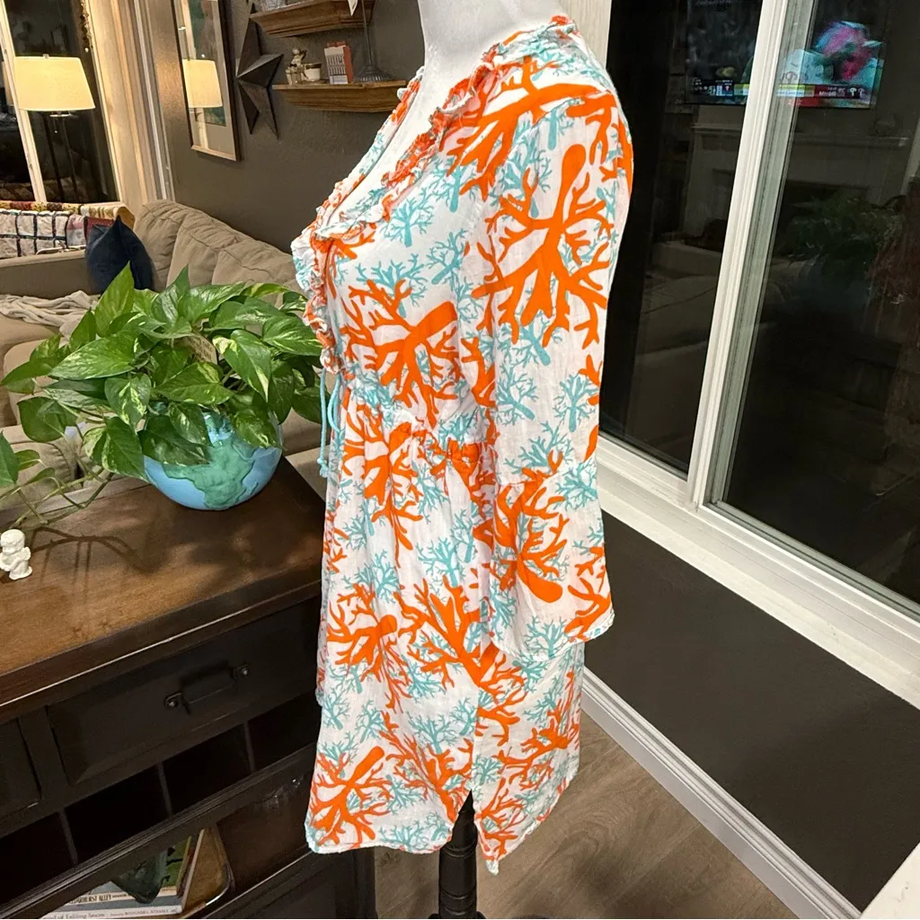 Mudpie Bag Lady Lightweight Linen Cinch Waist Coral & Teal Beach Dress Coverup - Image 3