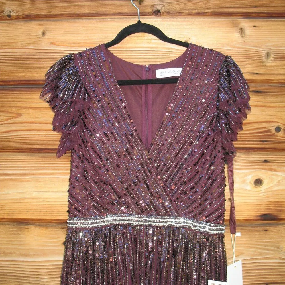Mac Duggal Womens Purple Sequin Wrap Over Ruffle Cap Sleeve Gown Dress 5502 - Image 8
