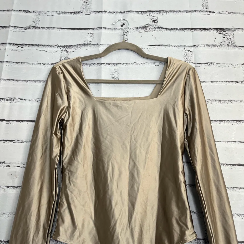 House of Harlow 1960 Taupe Silky Long‑Sleeve Bodysuit S High‑Neck Stretch Luxury Tan - Image 6